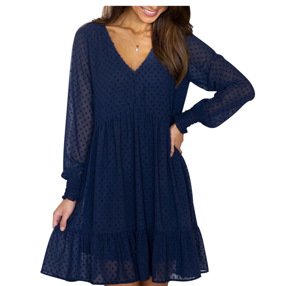 Lulu's Navy Blue Long Sleeve Swiss Dot V-Neck Dress